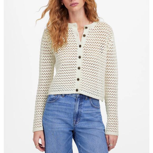 Madewell Sweaters - Madewell Open-Stitch Crewneck Sweater Womens L White Button Front Cropped Cotton